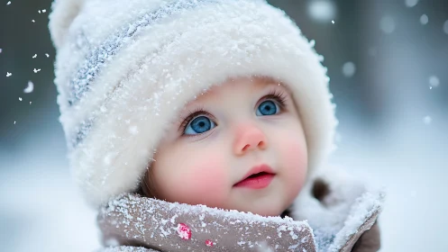 Child in white winter hat surrounded by frost particles