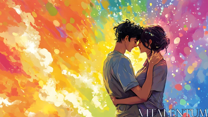 Digital Illustration of Two Figures in Profile with Vibrant Rainbow Gradient Background