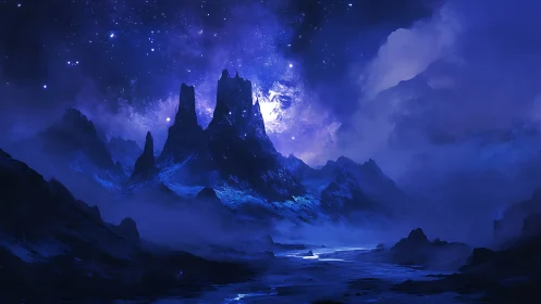 Starlit alien peaks under luminous indigo nebula sky.