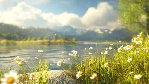 Sunlit riverbank daisies under soft mountain clouds.