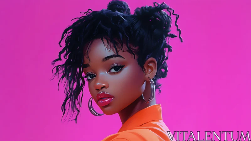 Radiant young woman in bright orange against vivid pink.