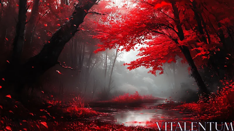 Infrared-toned forest stream with red canopy and volumetric fog
