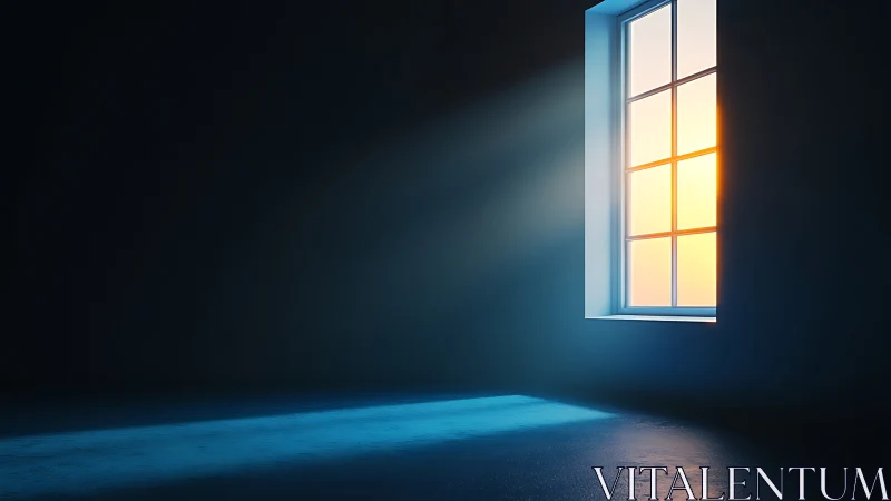 Sunrise light beam pouring through minimalist window frame.