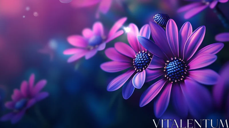 Volumetric Purple Daisies with Metallic Stamen Centers Rendered in Soft-Focus Depth