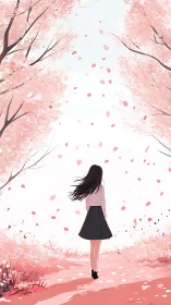 Girl strolling under soft pink cherry blossom daydreams.