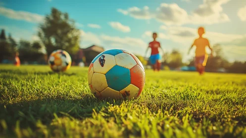 Low-angle depth-of-field study of sunlit youth soccer field.