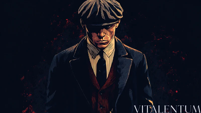 Shadowed gangster in crimson-tinted noir storm of grit.