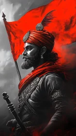 Monochrome warrior profile under saturated red battle standard.