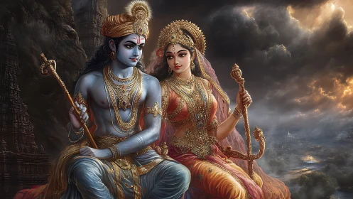 Divine couple in radiant robes beneath stormlit skies.