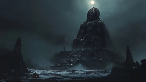 Colossal moonlit deity statue dominates frozen ruined temple