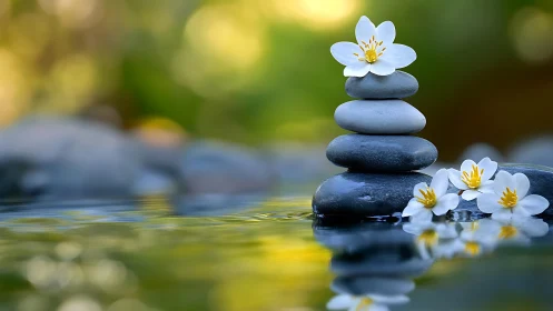 Zen river stones with white blossoms in shallow focus composition.