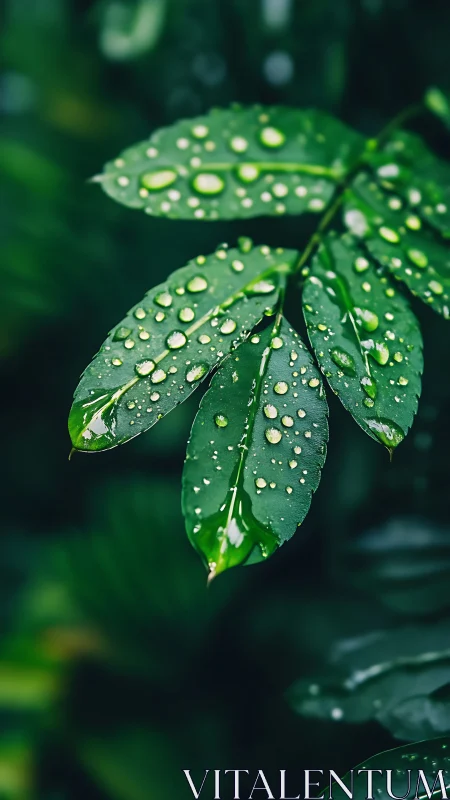 Rain droplets rest on glossy green leaves in sharp focus