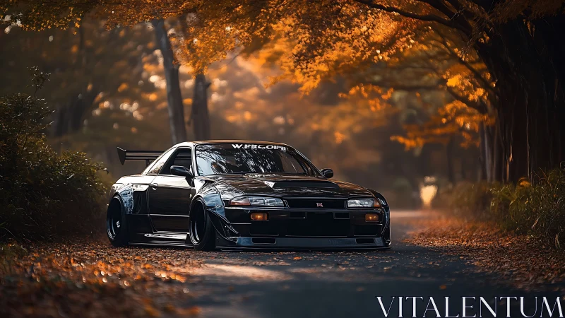Street samurai Skyline resting beneath a copper autumn canopy.