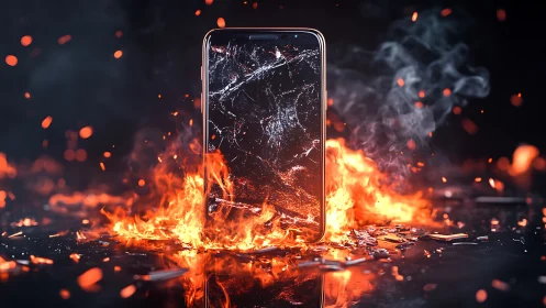 Shattered smartphone stands amid blazing firestorm embers.