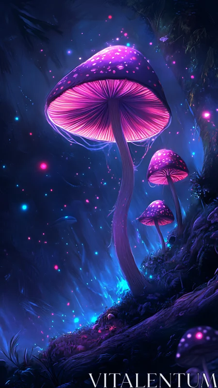 Glowing neon mushrooms rise in a dreamlike midnight forest