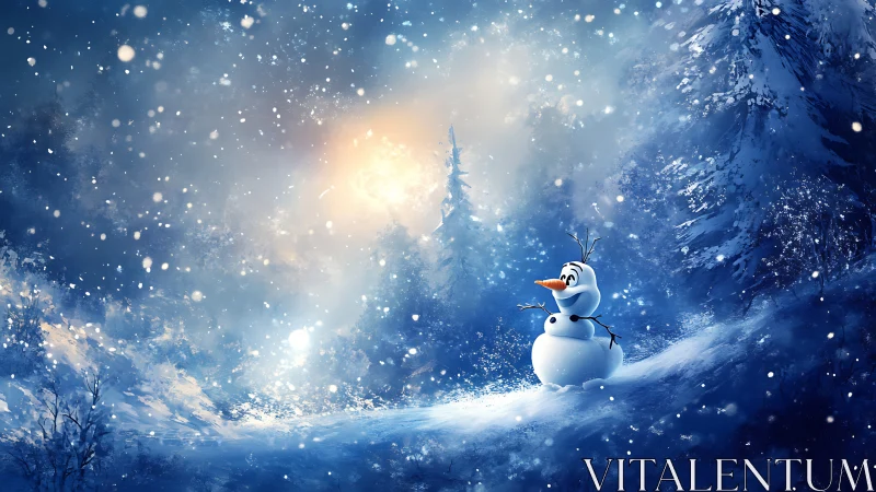 Snow-covered conifer forest with stylized snowman under diffuse glow