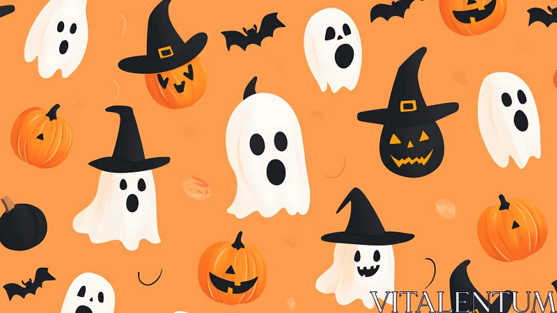 Playful ghost parade dancing with pumpkin witch faces.