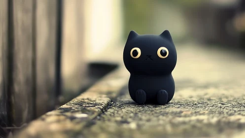 Tiny midnight cat calmly patrols a blurred stone world