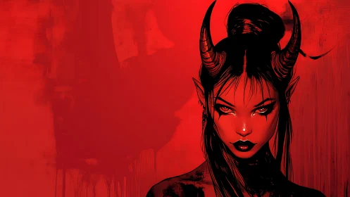 Horned female figure against flat red abstract background.