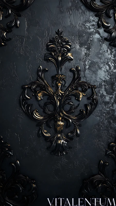Dark ornamental wall panel with black and gold reliefs.