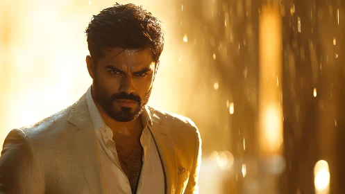 Male subject in wet light-toned suit under strong backlighting