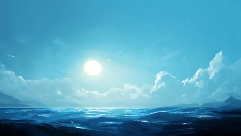 Sunlit ocean horizon under expansive cyan sky.