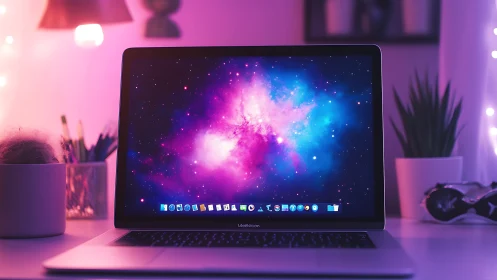 Laptop glows with cosmic nebula wallpaper in neon workspace