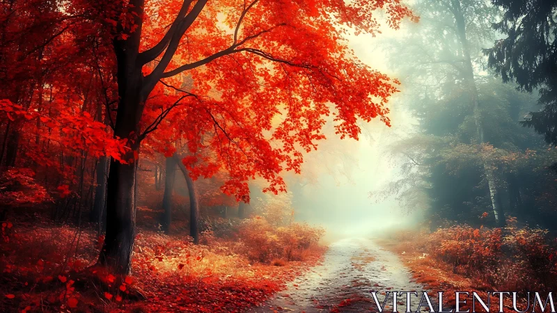 Autumn forest pathway with red foliage and directional light.