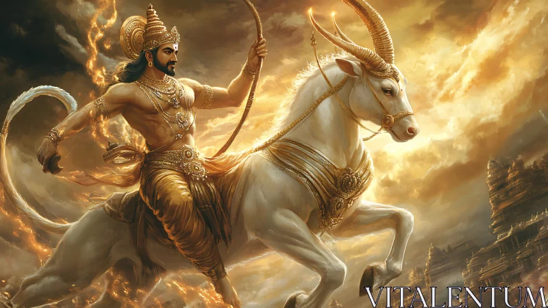 Warrior on armored horned steed advances through luminous sky