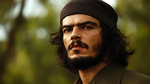 Forest rebel gaze under sunlit green hush of silence.