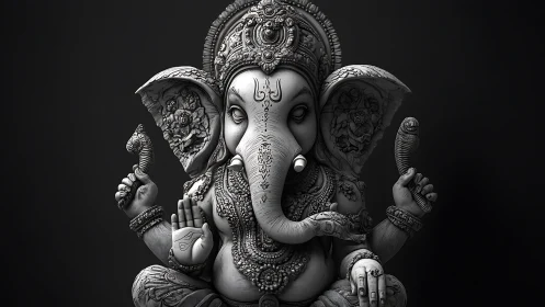 Digital sculpture of ornate Ganesha idol in grayscale relief.