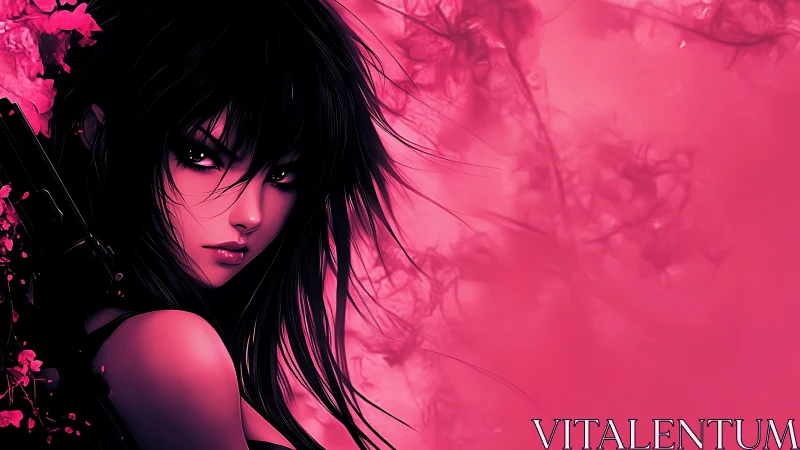 Neon-haired femme fatale framed in electric pink haze.