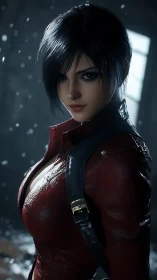 Rendered warrior woman stands in wet red jacket, low light