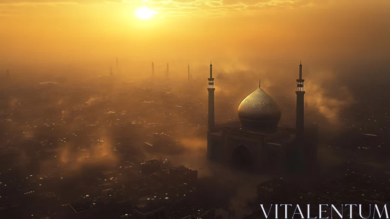 Golden sunset illuminates domed mosque above hazy city