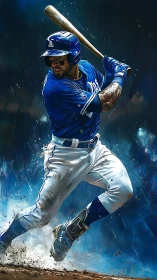 Dynamic baseball slugger exploding from the batter’s box.