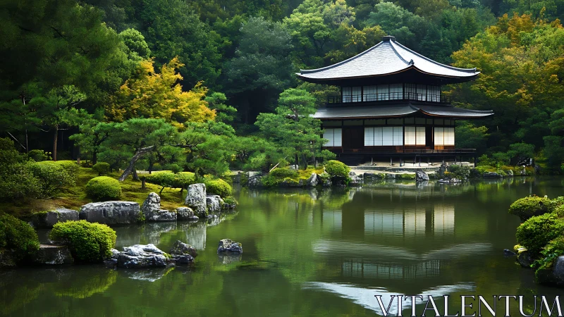 Traditional Japanese pavilion mirrored in still reflective garden pond