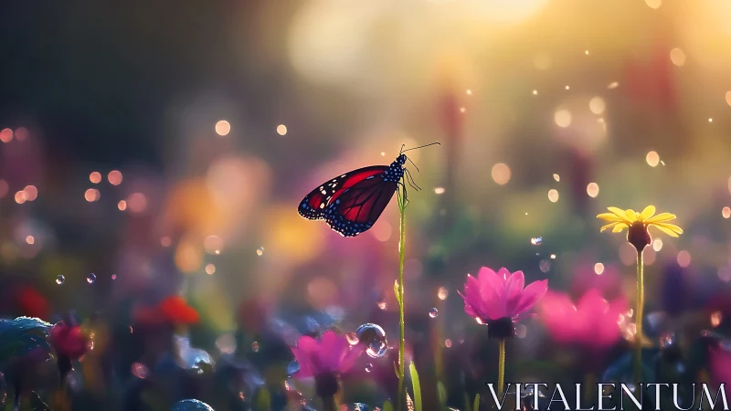 Butterfly rests on flower stem in soft-focus garden light
