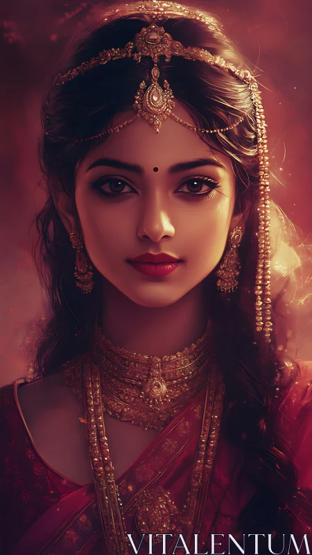 Regal portrait of jeweled Indian woman in warm glow.