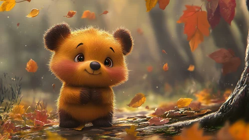 Digital bear character stands in autumn forest environment