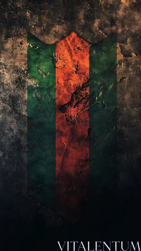Vertical tricolor shield emblem on textured stone surface.
