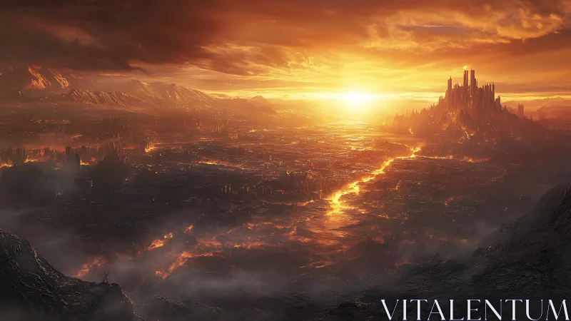 Sunlit lava kingdom glowing over a vast fiery valley.