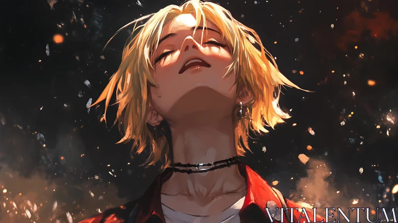 Blond youth in ember-lit night rendered in dramatic anime style