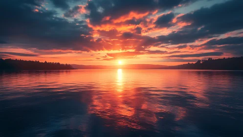 Radiant lake sunset casts fiery light across calm water.