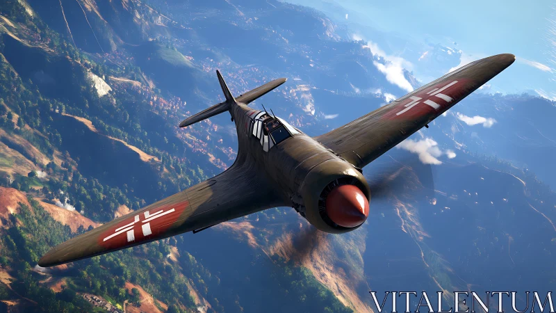 Vintage fighter plane soars above rugged sunlit valleys
