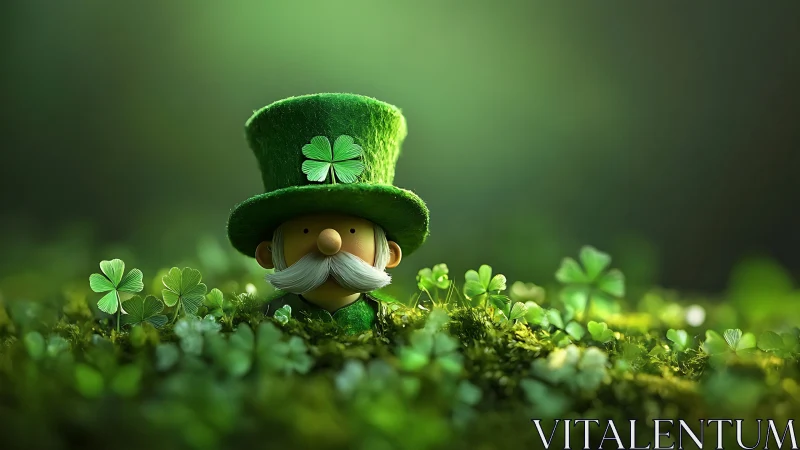 Whimsical leprechaun peeks from lush clover meadow at dawn