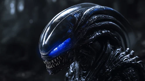 Bioluminescent alien predator glares through the shadows.