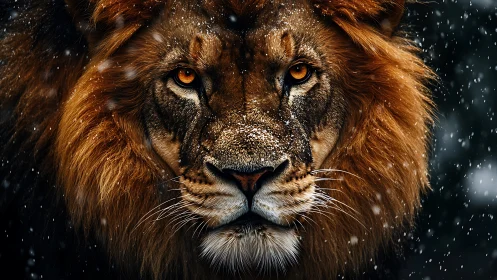 Winter-lit lion portrait with intense golden gaze.