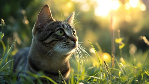 Tabby cat in grass observing surroundings with alert gaze