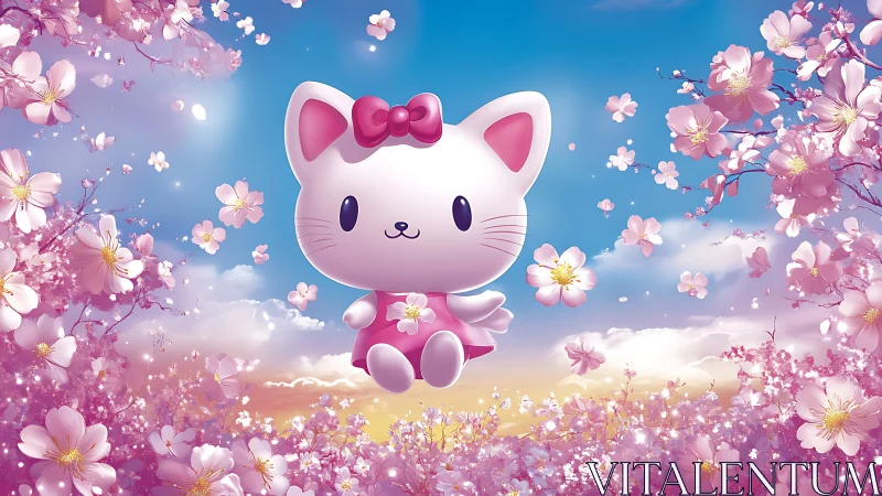 Cute white cartoon cat floating in pink cherry blossoms.
