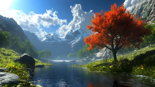 Quiet mountain river with a single blazing red tree glow.